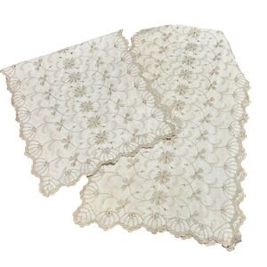 Vintage Ecru Floral Embroidered Scalloped Eyelet Table Runner Set 2 Cottagecore